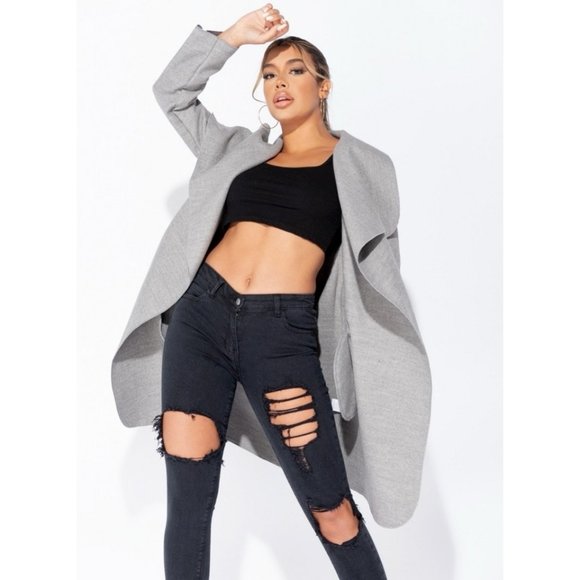 Gray Wool Blend Long Sleeve Oversized Lapel Belted Waterfall Collar Coat - Picture 7 of 8